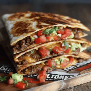 Three delicious Smashburger Quesadillas stacked on a wooden board, filled with melted cheese and ground beef.