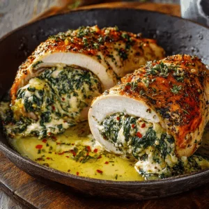 Close-up of golden-brown, cheesy spinach-stuffed chicken breasts.