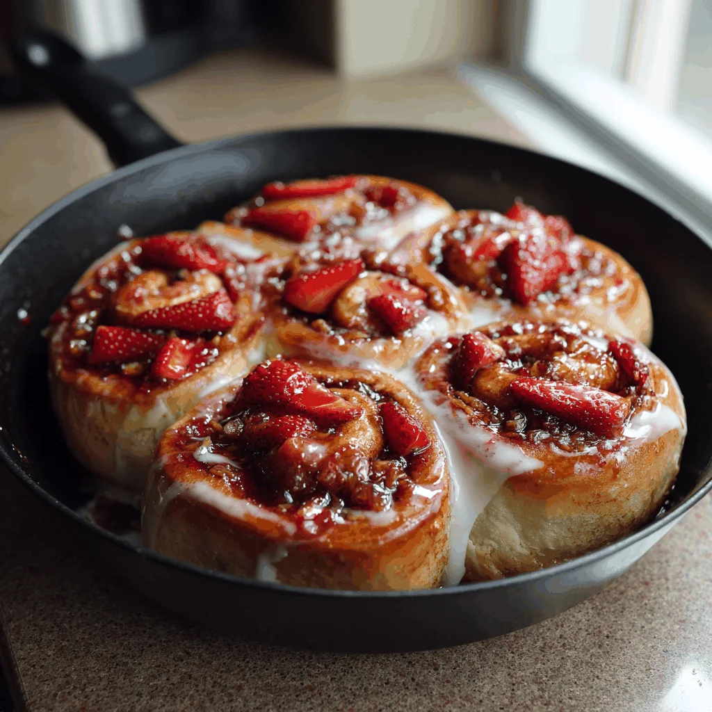 Twelve strawberry cinnamon rolls topped with pink icing, arranged in a baking pan.