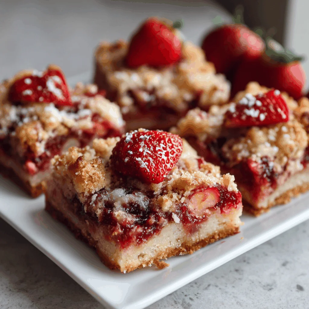 Three stacked strawberry cobbler bars on a white plate, with fresh strawberries in the background.
