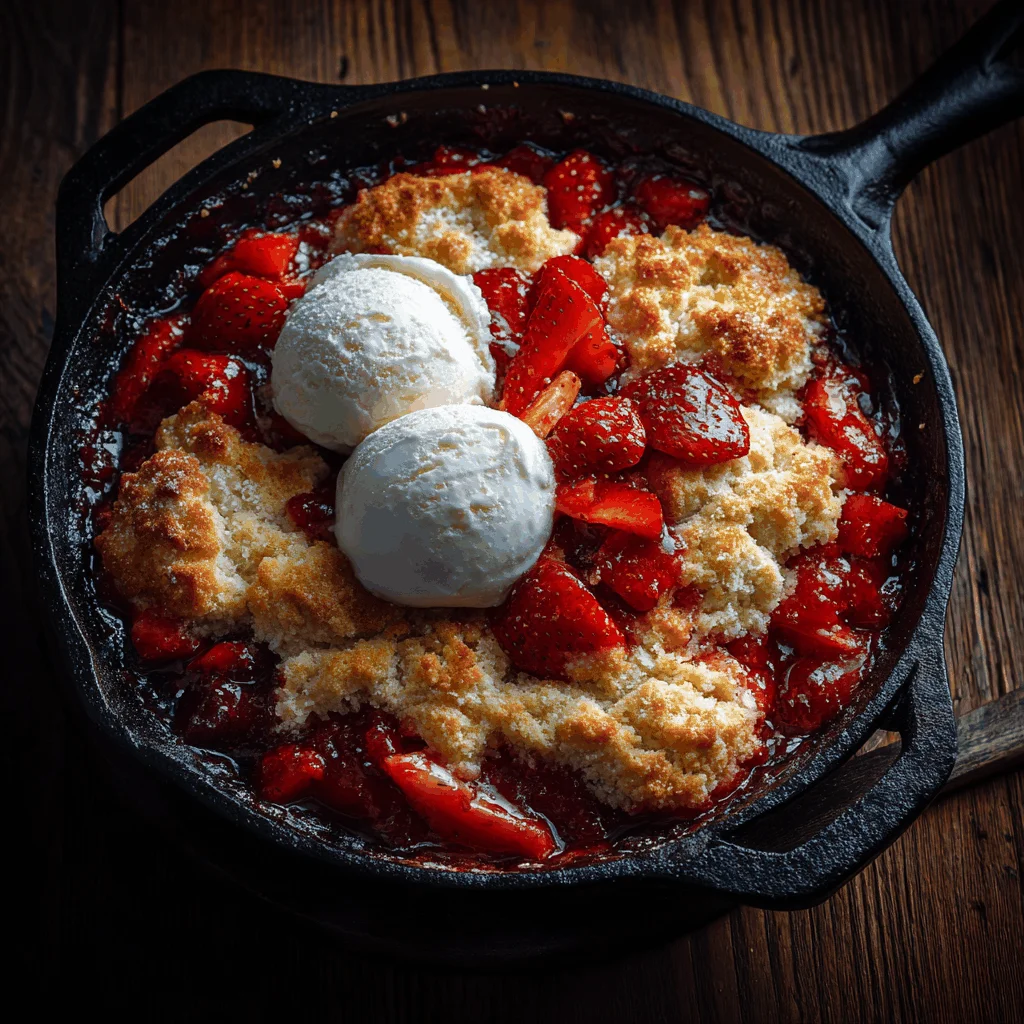 Close-up of a delicious strawberry cobbler with whipped cream.
