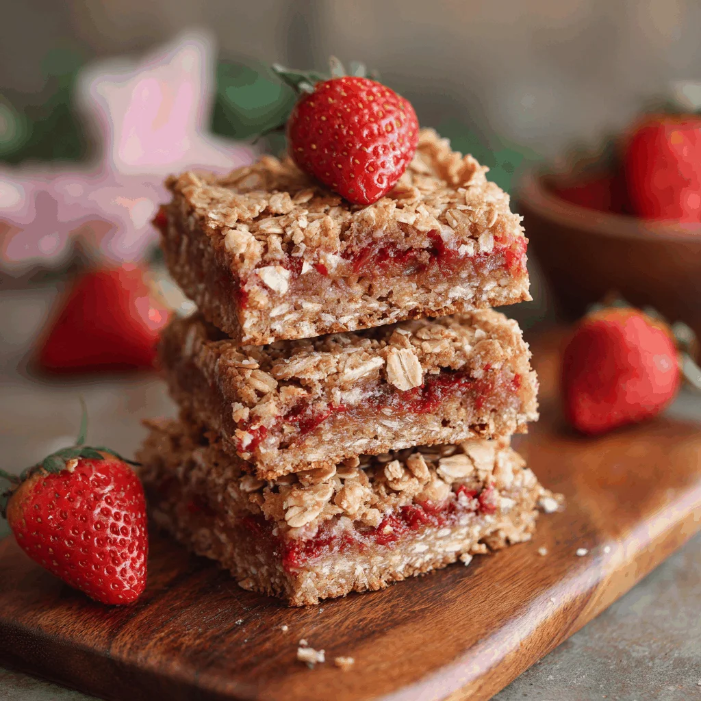 Three delicious strawberry oatmeal bars stacked on a white plate, garnished with fresh strawberries.