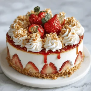A delicious slice of Strawberry Shortcake Cheesecake, layered with creamy cheesecake, strawberry filling, and a crumb topping, served on a plate with a gold fork.