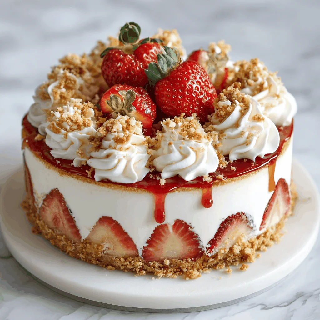 A delicious slice of Strawberry Shortcake Cheesecake, layered with creamy cheesecake, strawberry filling, and a crumb topping, served on a plate with a gold fork.