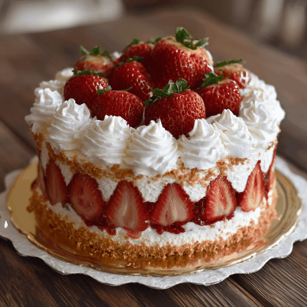 A delicious slice of strawberry shortcake, layered with fresh strawberries and whipped cream, garnished with fresh mint and strawberries.