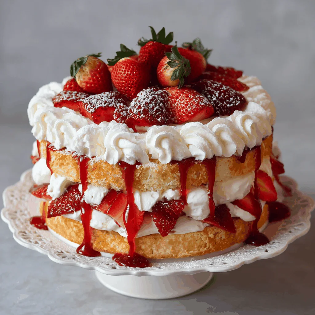 Three mini strawberry shortcakes arranged on a white cake stand, each topped with a strawberry rose. Fresh strawberries are in the foreground.
