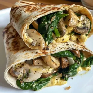 Juicy spinach and mushroom egg white wrap with vibrant colors on display.