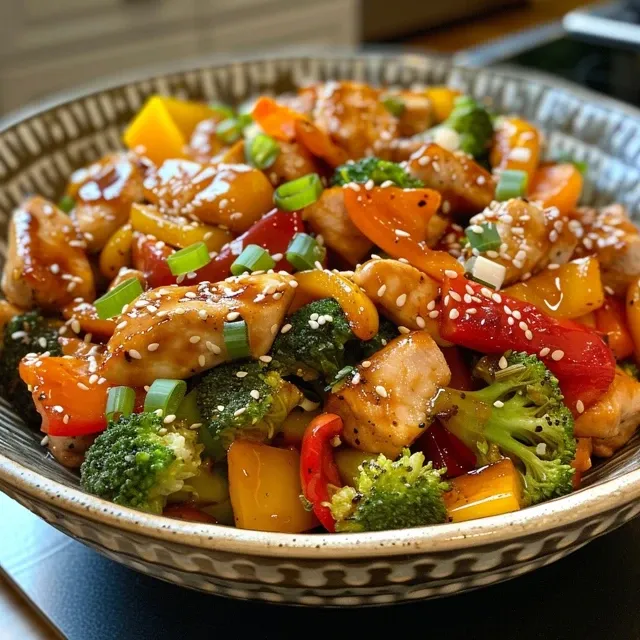 A delicious mix of chicken, bell peppers, and broccoli in a bowl.