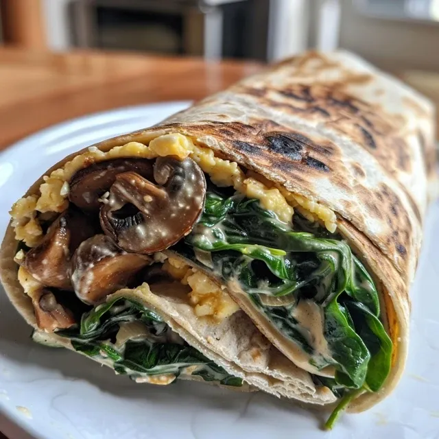 Freshly made egg white wrap filled with spinach, mushrooms, and onions.