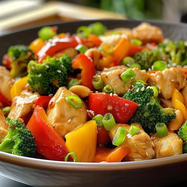 A side view of a savory stir fry featuring tender chicken and fresh vegetables.