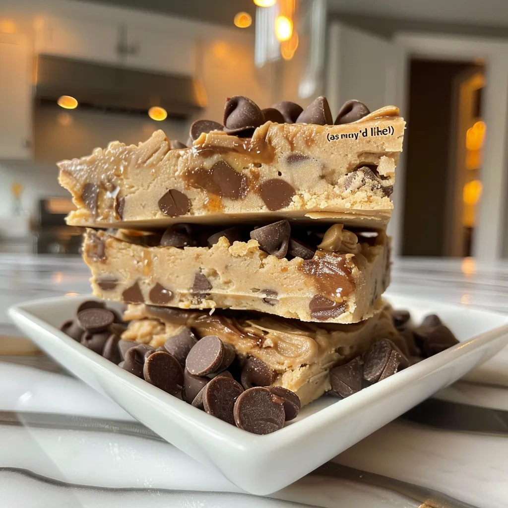 Detailed look at 5-ingredient cookie dough, featuring glossy chocolate chips on top.