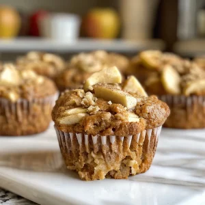 A freshly baked apple cinnamon protein muffin with chunks of apple on display.