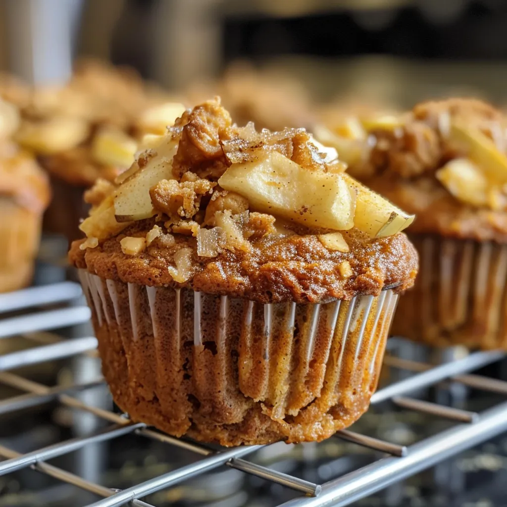 Juicy apple cinnamon muffin with a slightly crusty top and warm, inviting colors.