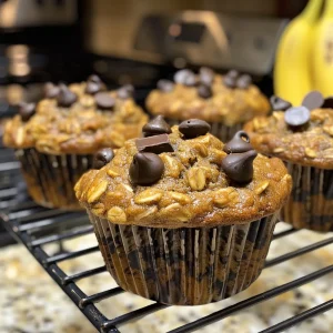 Juicy banana oatmeal chocolate chip muffins displayed on a rustic wooden surface.