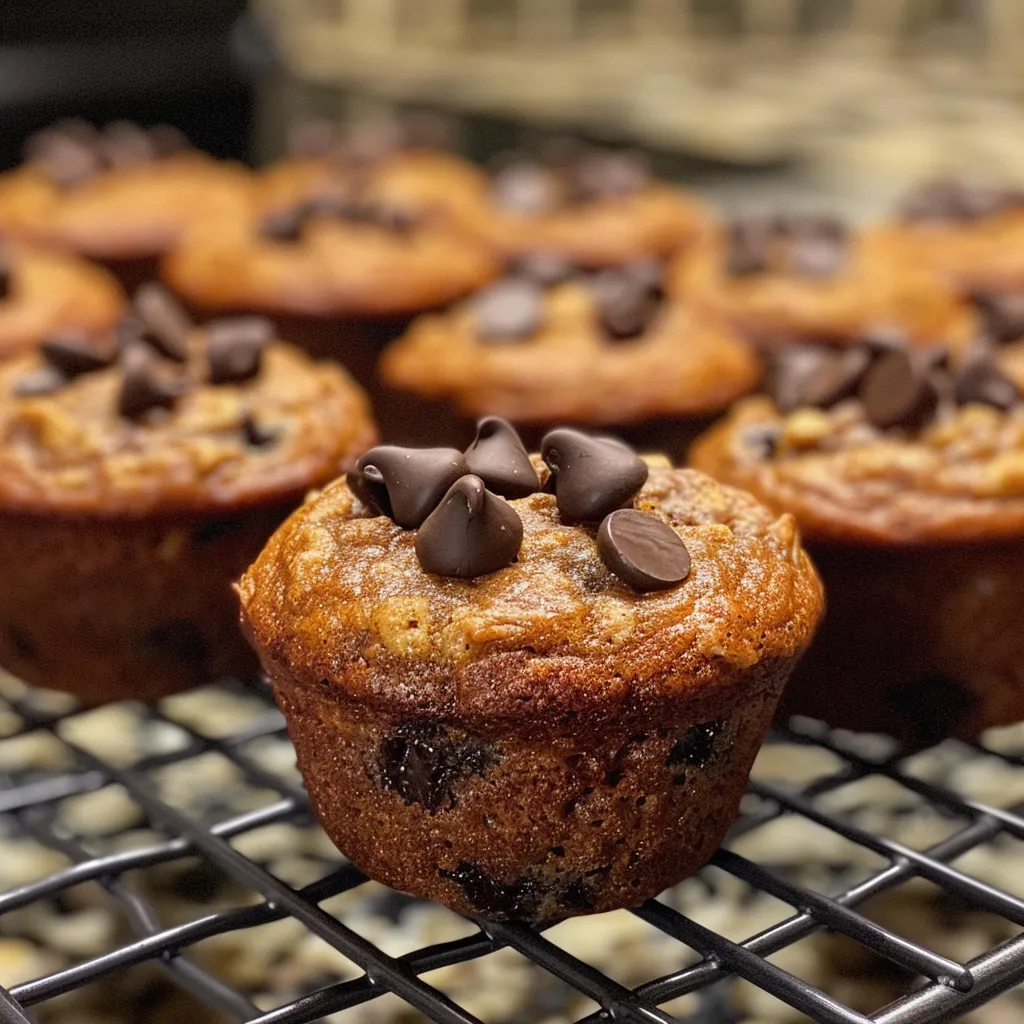 A collection of moist banana oatmeal muffins with melted chocolate chips visible.