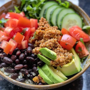 Detailed shot of a healthy Black Bean Quinoa Bowl topped with avocado and salsa.