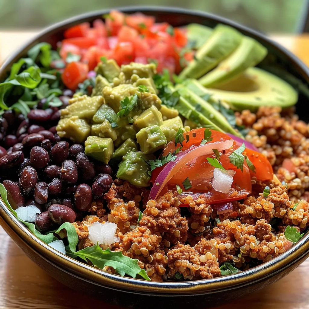 Appetizing Black Bean Quinoa Turkey Burrito Bowl showcasing layers of ingredients.