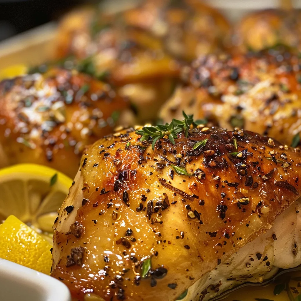 Side angle of tender chicken breasts with a golden crust, garnished with herbs.