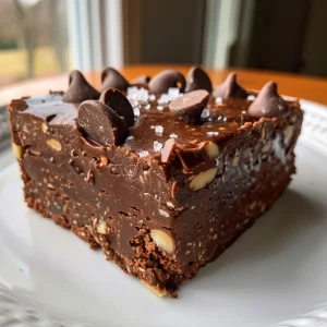 Delicious chocolate almond brownie displaying a glossy surface and melted chocolate chips.