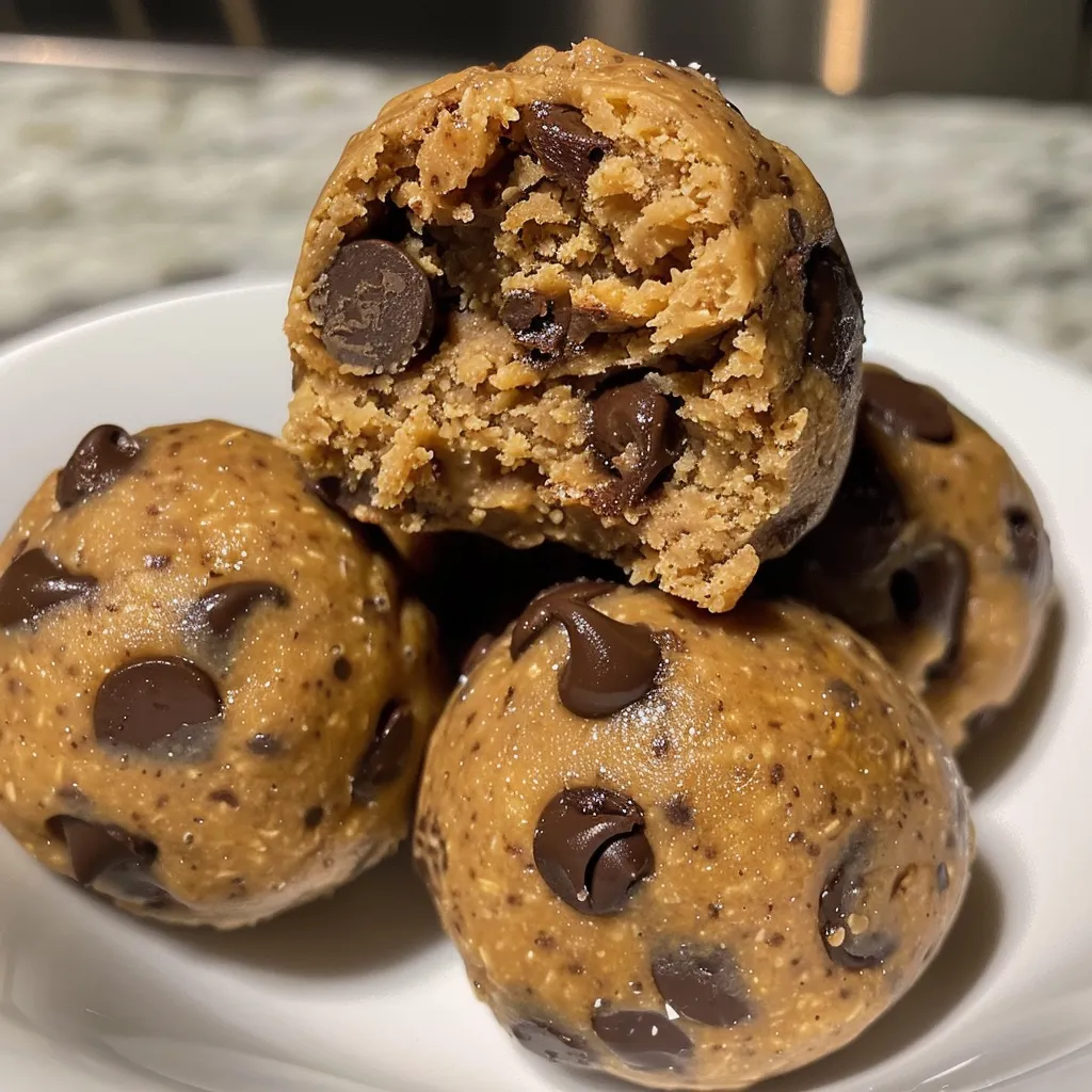 A collection of chocolate chip cookie dough protein balls, showcasing their texture and ingredients.