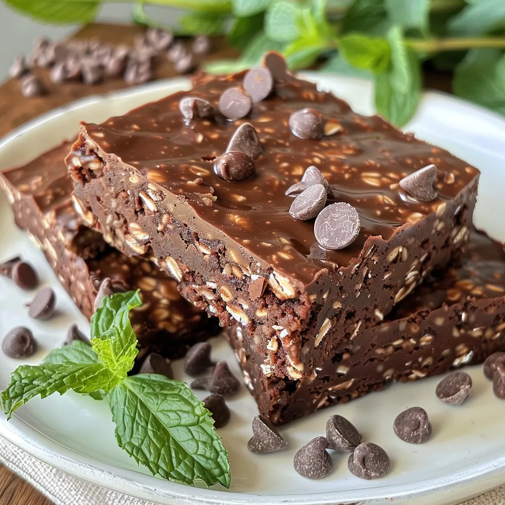 Tasty chocolate mint protein squares displayed on a wooden surface, highlighting their ingredients.