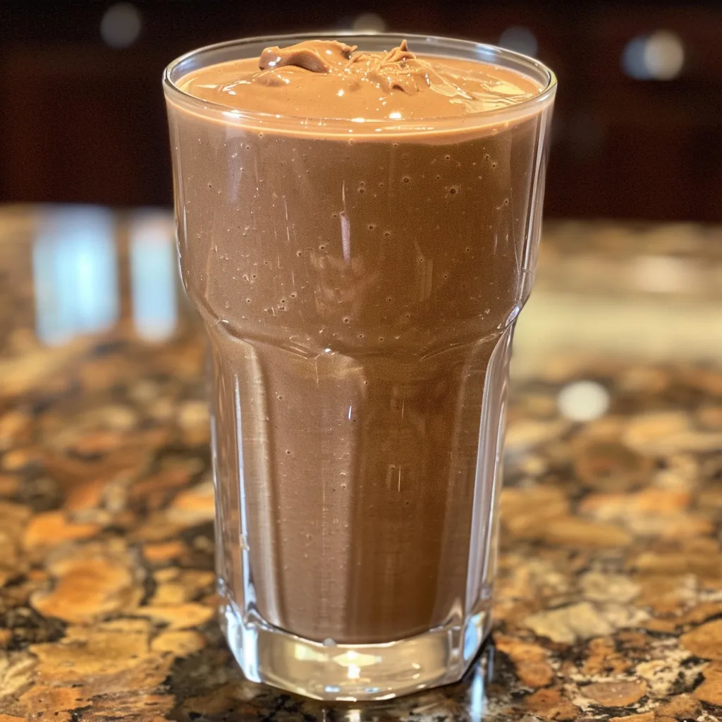 Thick and rich chocolate peanut butter shake with a frosty appearance and garnished with cocoa powder.