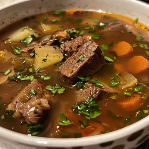 Juicy Beef Soup highlighted in a close-up photo, featuring chunks of beef and colorful ingredients.
