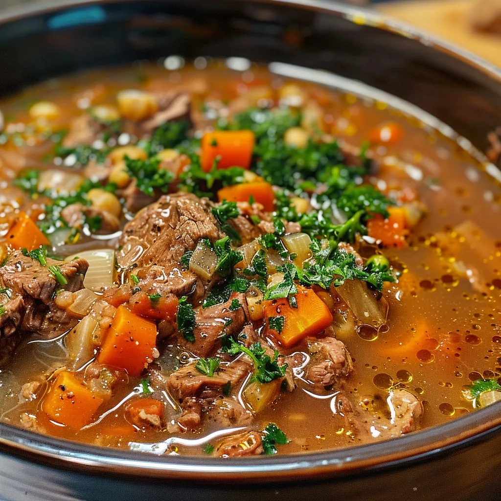 Detailed image of Christmas Beef Soup, revealing a blend of spices and fresh ingredients in a steaming pot.