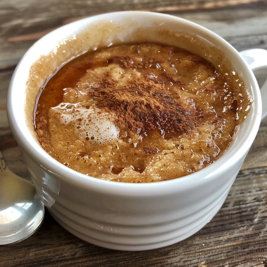A homemade cinnamon mug cake displayed attractively in a mug, showcasing its texture.