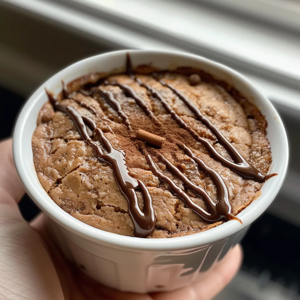 A cinnamon protein mug cake in a cozy kitchen setting, highlighting its rich color and ingredients.