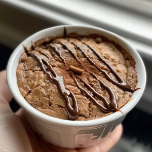 Delicious cinnamon protein mug cake with a glossy finish, featuring almond butter on top.