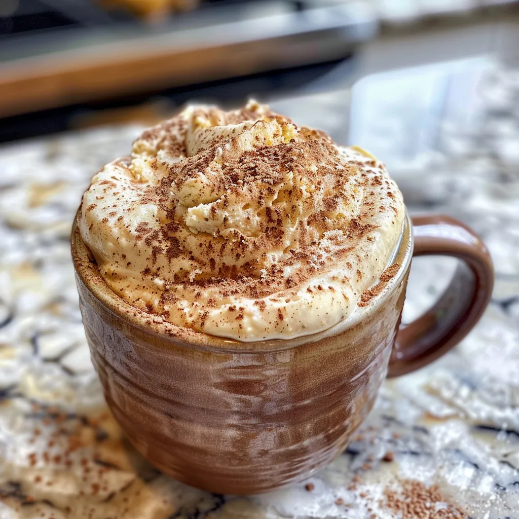 A side view of a moist, fudgy cinnamon mug cake, displaying its inviting texture and toppings.