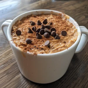 A delicious protein mug cake topped with chocolate chips and served in a ceramic cup.