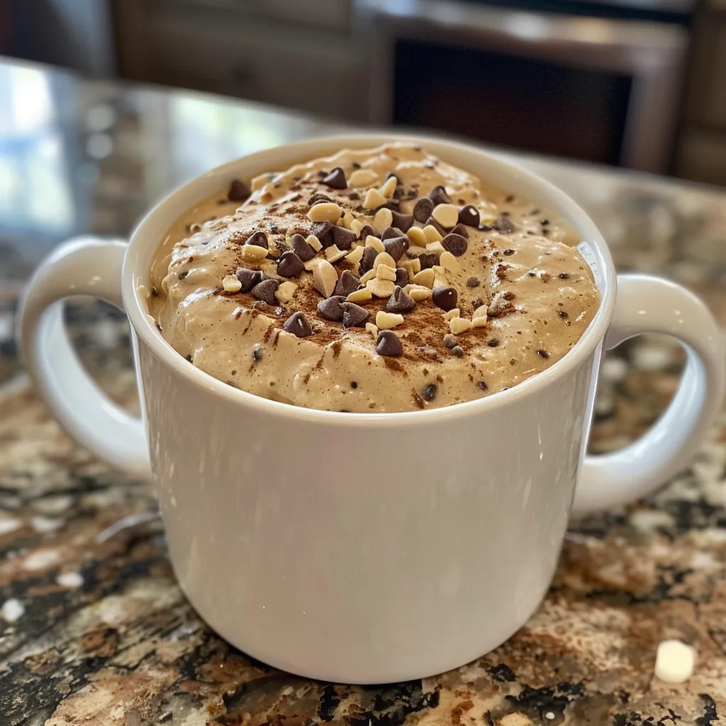 Light and fluffy cinnamon vanilla mug cake displayed with a spoon beside it.