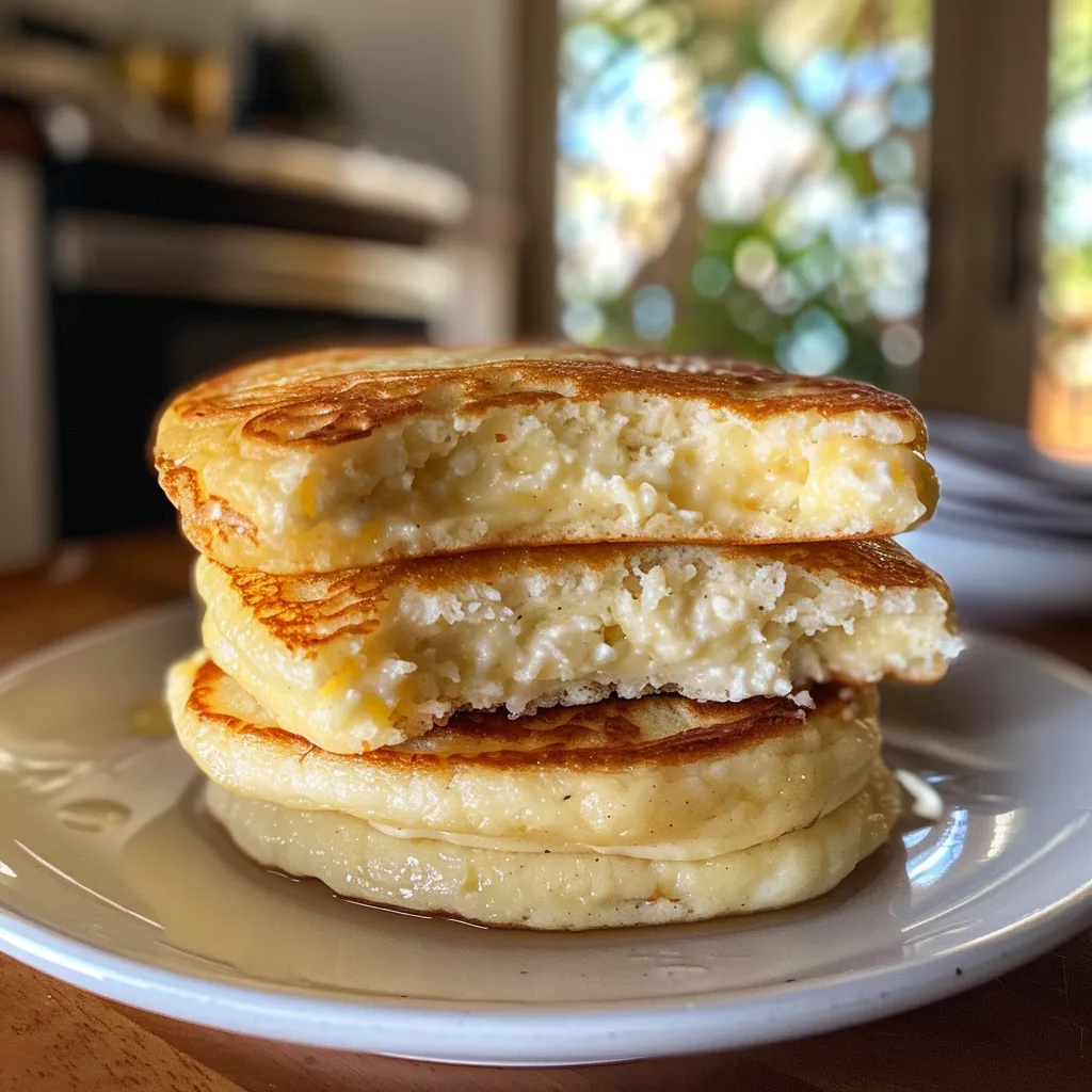 A plate of cottage cheese hot cakes, garnished and steaming, captured in natural light.