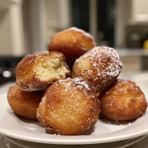 Side view of freshly made air fryer donut holes dusted with powdered sugar.
