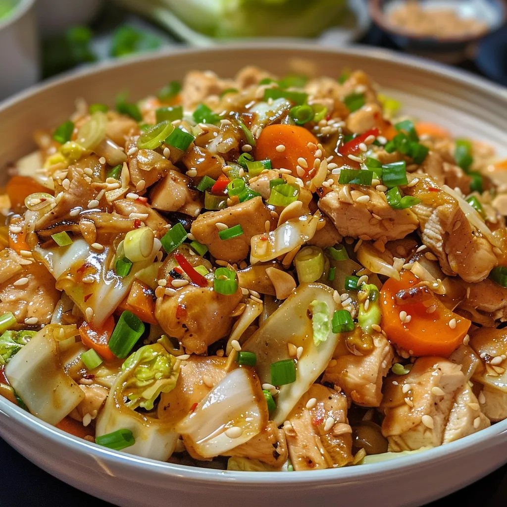 Juicy chicken and finely shredded cabbage stir fry garnished with sesame seeds.