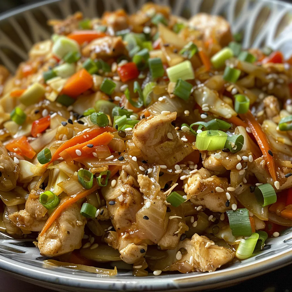 Detailed shot of a delicious stir fry featuring chicken, cabbage, and assorted veggies.