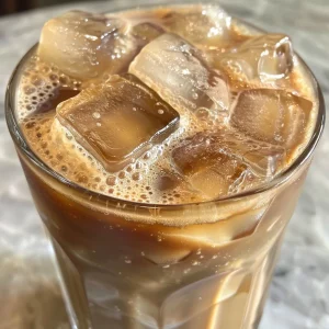 An overhead shot capturing the rich, dark color of iced coffee with ice and milk swirling together.