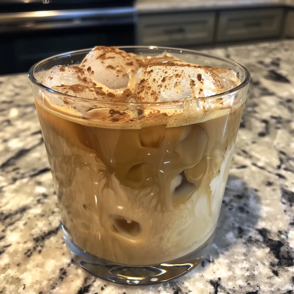 A detailed side view of a glass containing iced coffee, ice, and milk, highlighting its creamy texture.