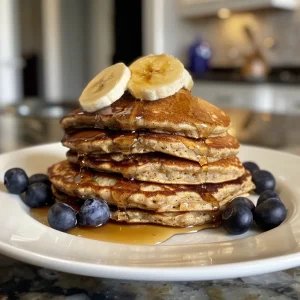 Juicy protein pancakes stacked high, decorated with Greek yogurt and fresh berries.