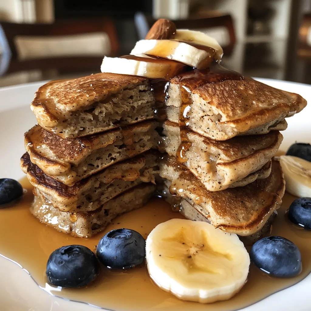 Mouthwatering protein pancakes with a swirl of peanut butter, topped with nuts and syrup.