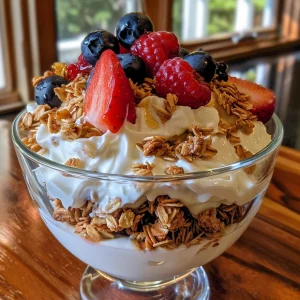 A vibrant Greek yogurt parfait showcasing strawberries, blueberries, and granola.