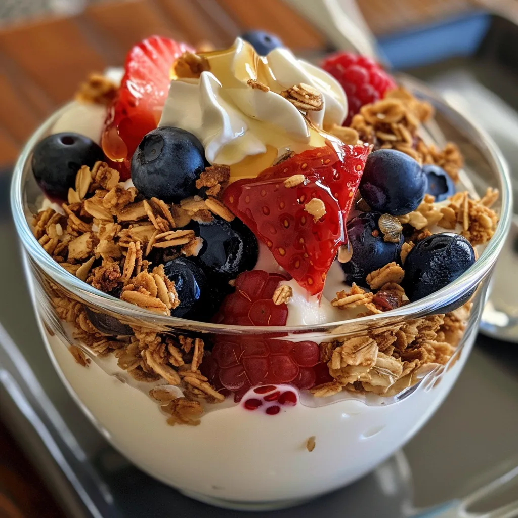 A side view of a creamy Greek yogurt parfait topped with colorful berries and almond slices.