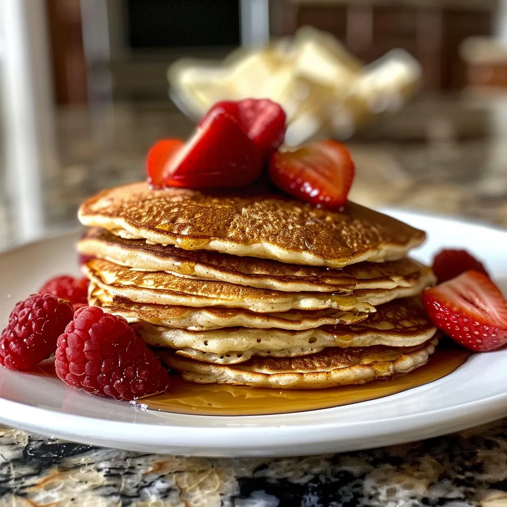 A side view of golden-brown Greek yogurt pancakes garnished with honey.