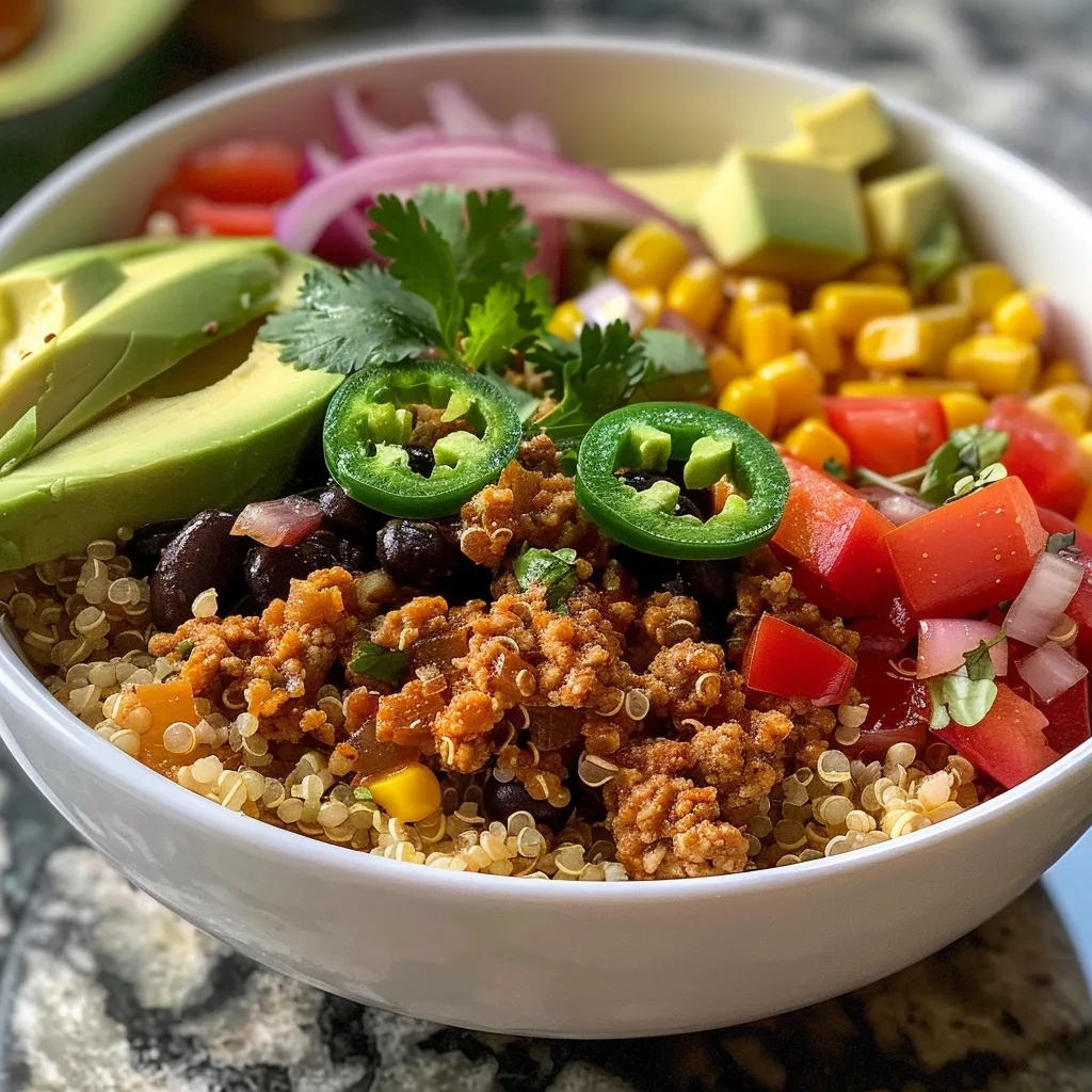 Side view of a hearty Ground Turkey Quinoa Bowl packed with fresh ingredients.