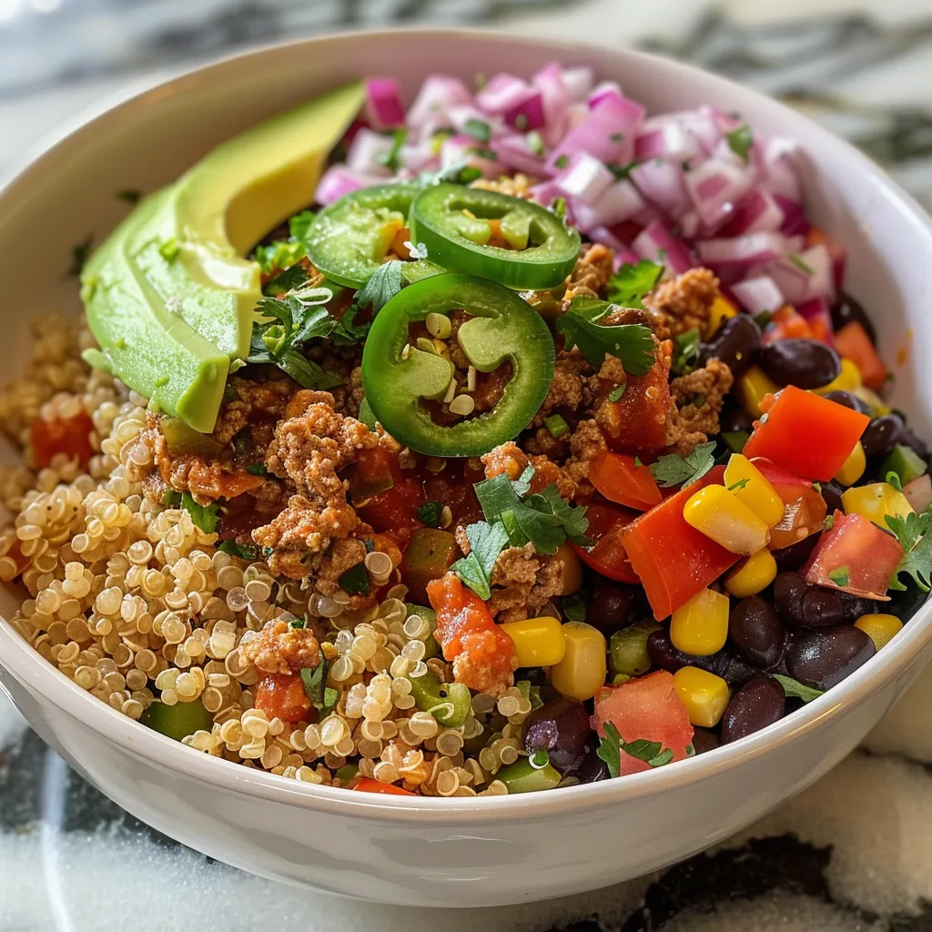 A vibrant Ground Turkey Quinoa Bowl overflowing with turkey, quinoa, and spices.