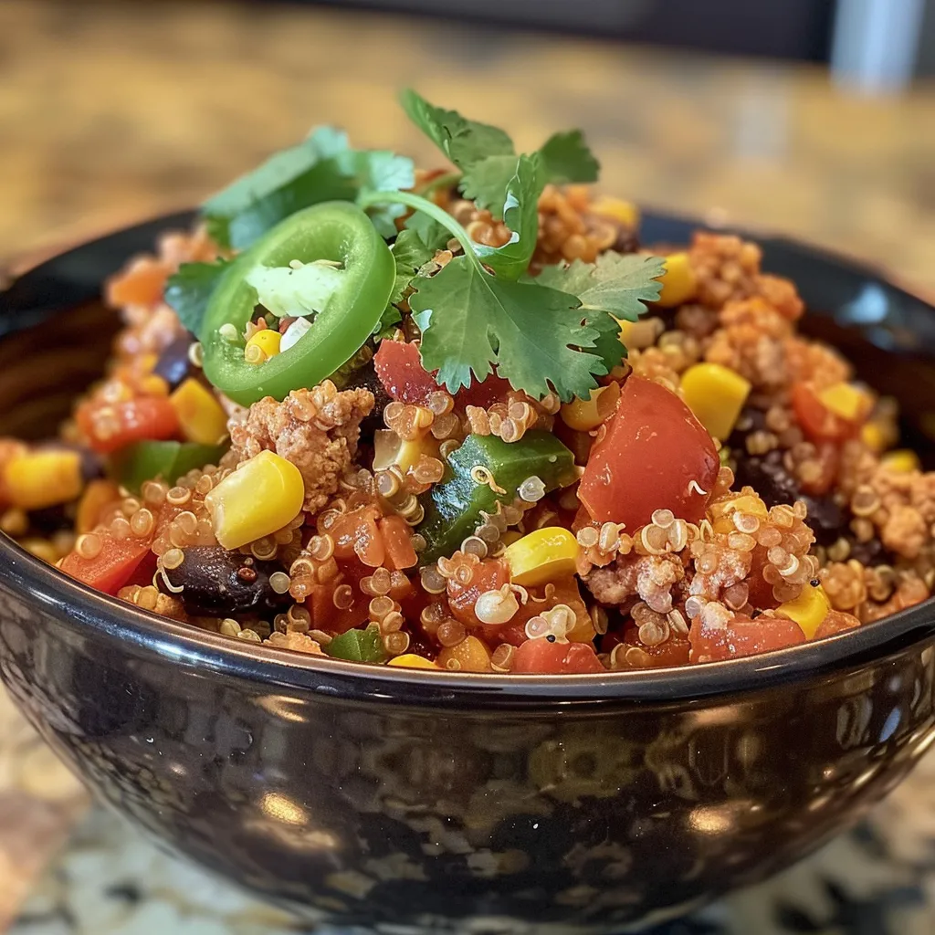 Detailed shot of quinoa mixed with ground turkey, beans, and diced bell peppers.
