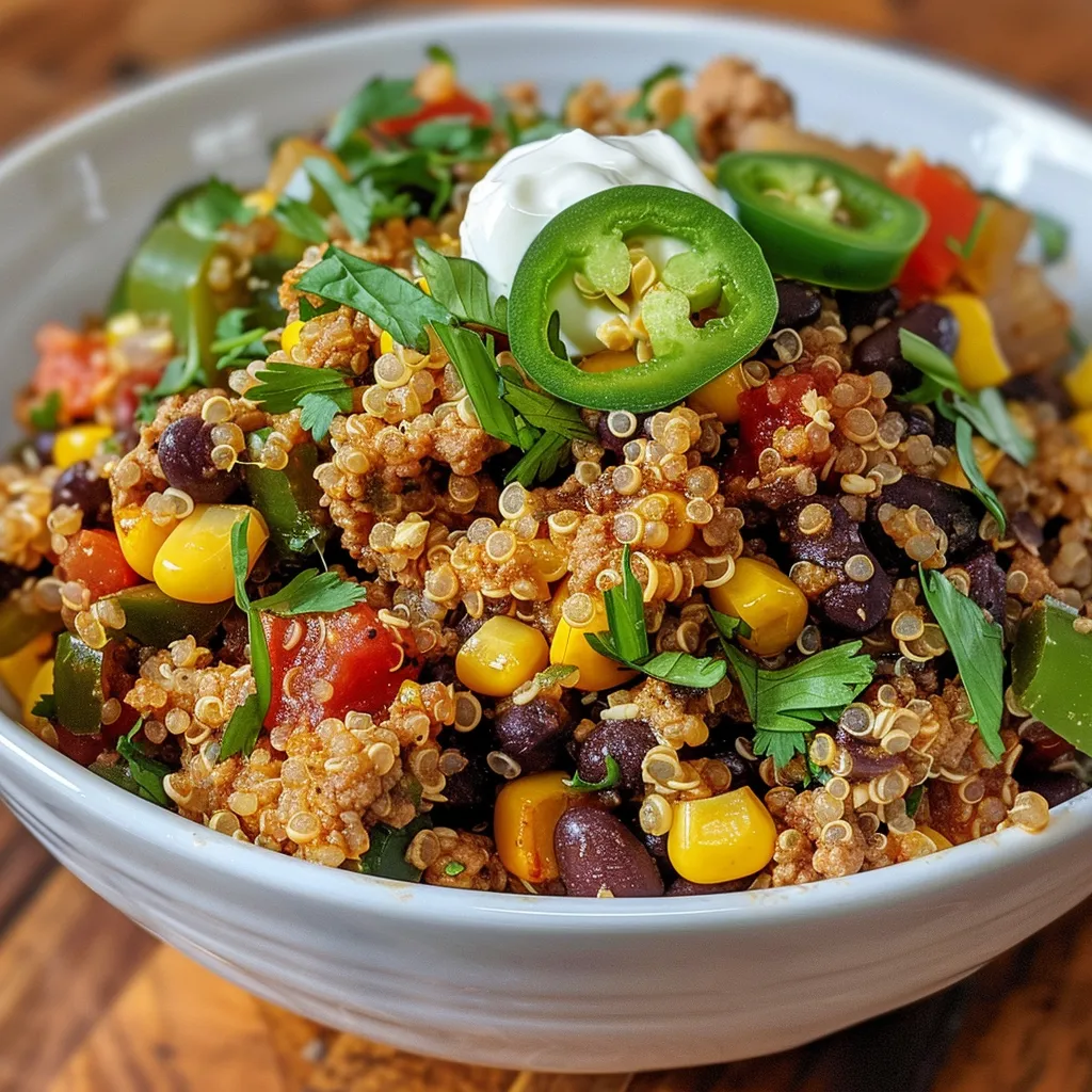 Appetizing close-up of a hearty turkey quinoa recipe showcasing fresh spinach and jalapeños.