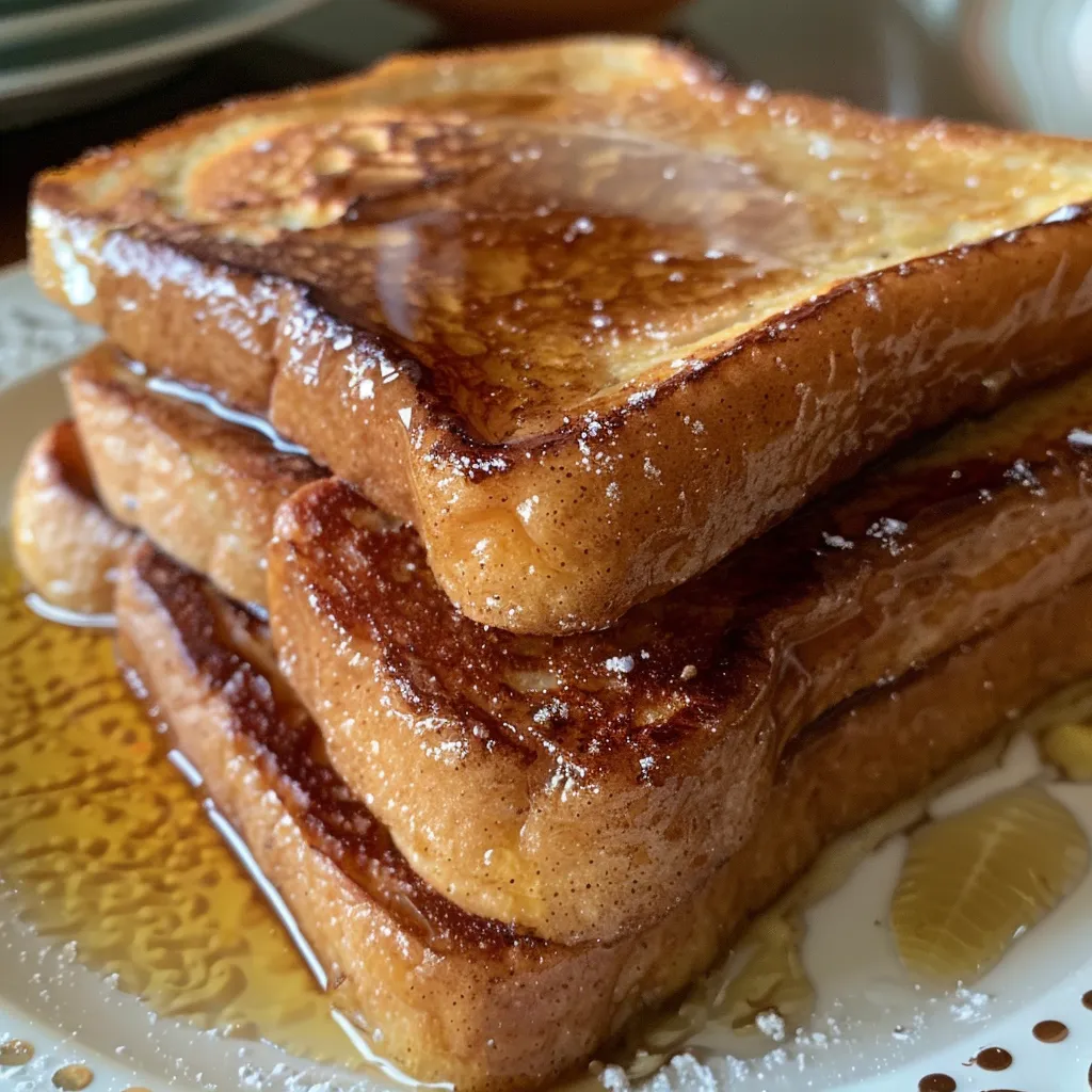 A detailed view of a gluten-free French toast dish, highlighting the crisp edges and creamy interior.